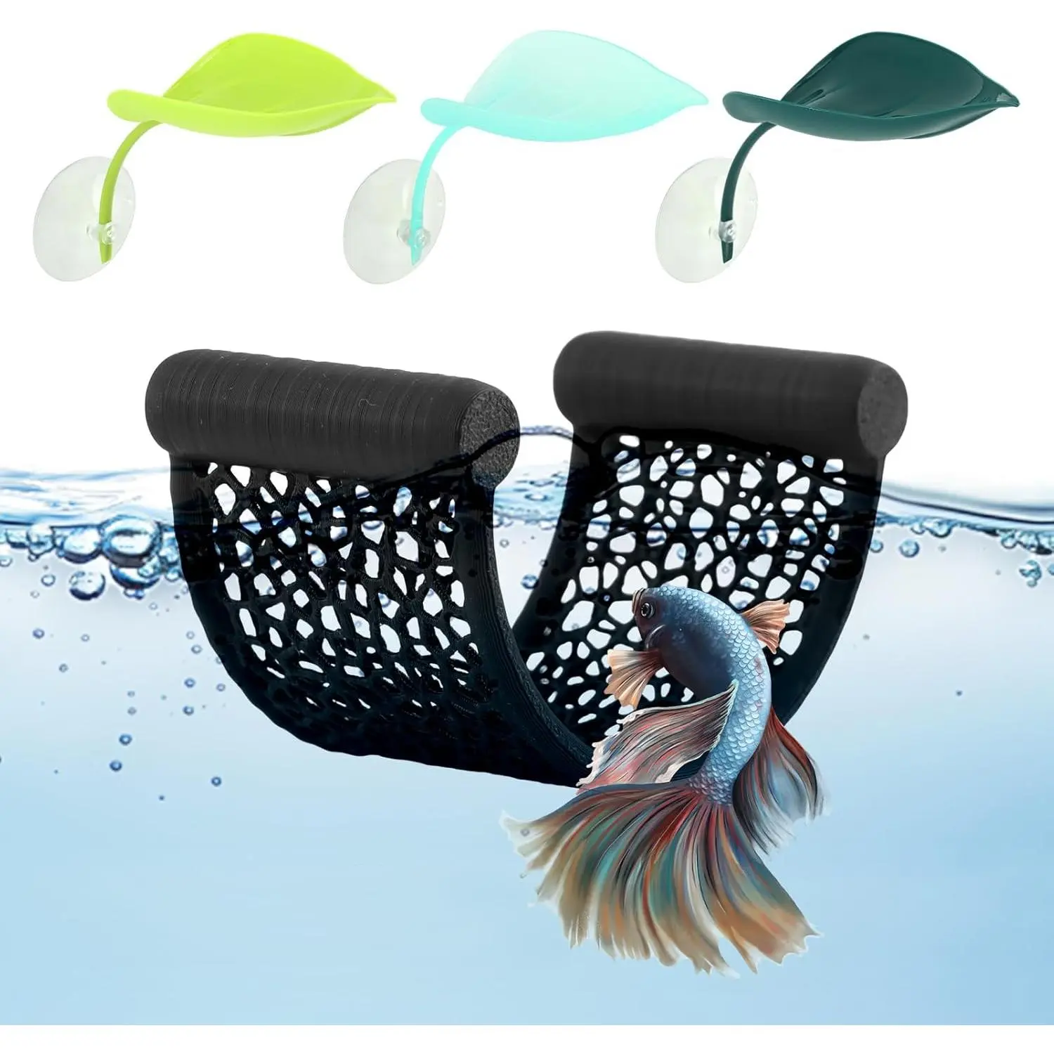 Bettas Fish Hammock Aquarium Floating Bettas Fish  with 3 count Bett-a Fis-h Leaf Pad Floating Bett-a  & Shrimp Cave Hiding Feeding(Color:Blackwhite)