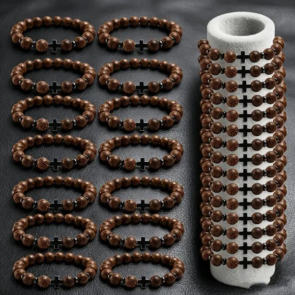 25pcs Christian Cross Bracelets for Men Women, Wood Beaded Stretch Bracelets, Religious Catholic Prayer Bracelets Bulk, Vintage Casual Daily Wear Jewelry Gifts