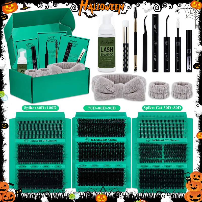 970 pcs Lash Clusters Kit D Curl 9 Styles Mix10-18mm Lashes Clusters Kit with Bond&Seal Lash Remover Brush Lash Applicator Headband Wristband set and Lash Shampoo & Brush, Perfect for Beginners & Proficient, Diy Eyelashes Clusters