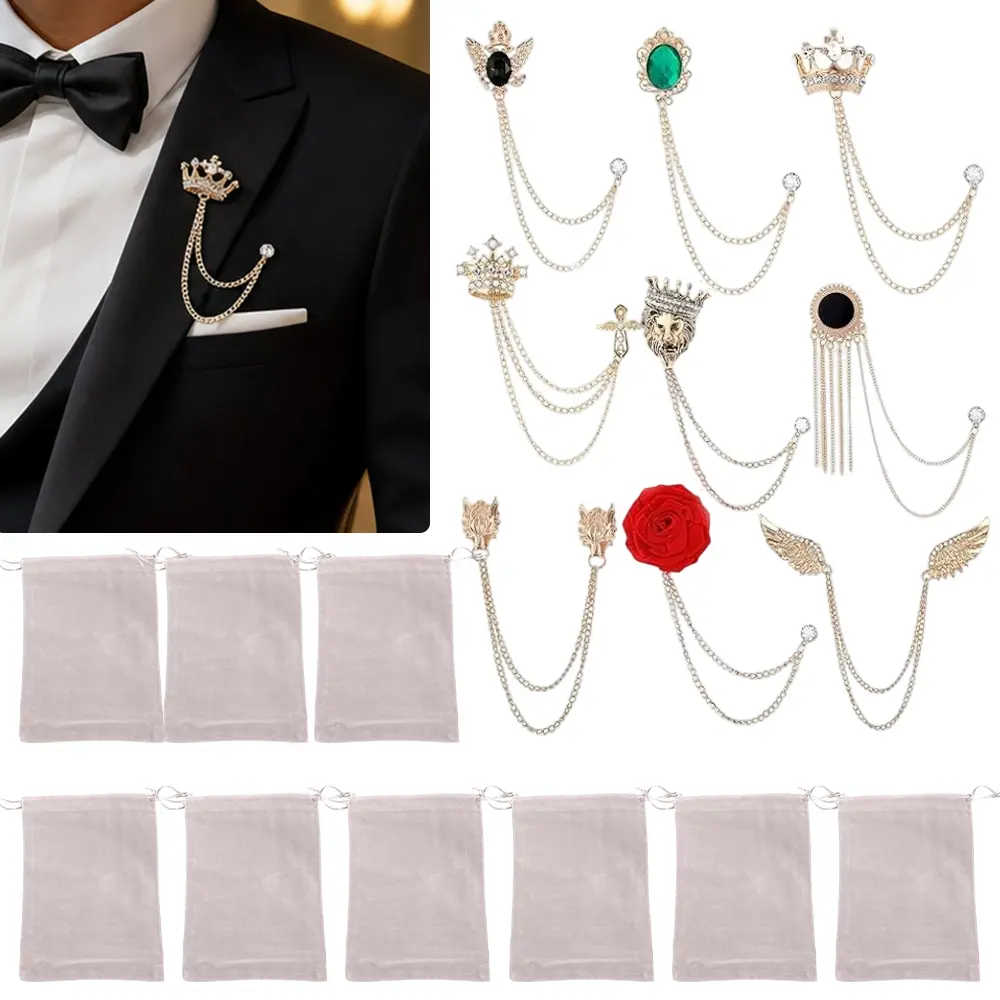 9PCS Tassel Chain Brooch Collar Pins Rose Flower Rhinestone Angel Wings Wolf Head Hanging Chains for Suit Lapel Tuxedo Shirts Tie Hat Scarf Brooch Pin Fashion Jewelry for Men's Accessories sohochic