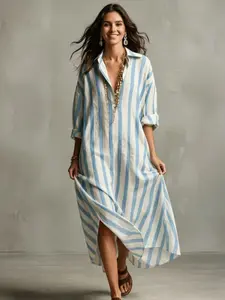 2026 New Women's Fashion Casual Wear Striped Lapel Front Tie Loose V Neck Long Dress, Soft Comfortable Fabric, All Seasons, Beach Sun Protection