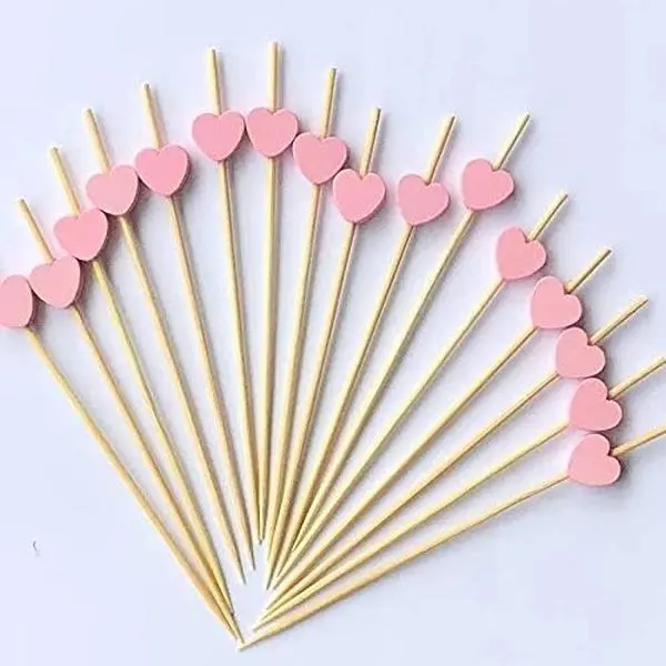 100pcs Heart-Shaped Bamboo Sticks, Wooden Decorative Cocktail Picks, Cocktail Accessories, Dessert Fruit Decoration, Perfect for Theme Weddings, Birthdays, Parties, Banquets and Family Gathering