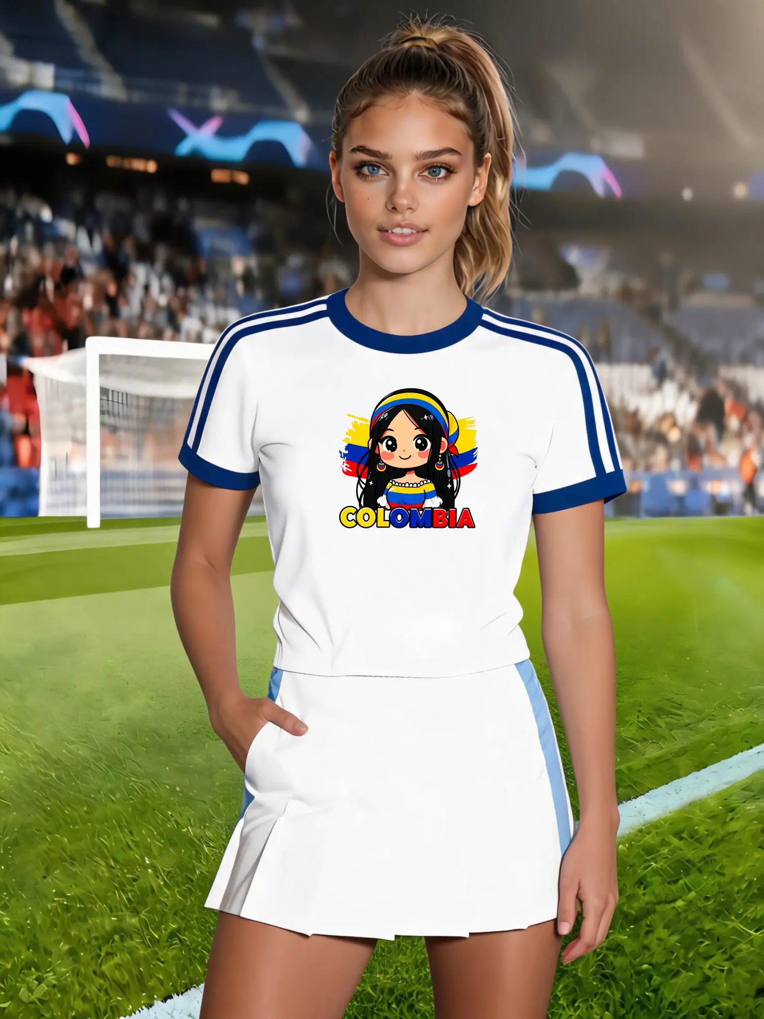 Women's Casual Graphic T-Shirt - Colombia Girl Flag Print, Round Neck Short Sleeve Everyday Sporty Chic Clothes, Comfortable 1-Piece Summer Top for Leisure, Sizes S/M/L, Athletic