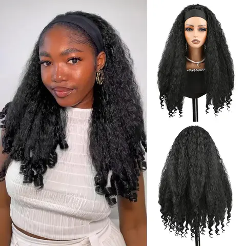 Auvzy Headband Wig 24 Inch Afro Curly Wigs for Black Women Braided Hair Texture with Unique Bouncy Curls Glueless Half Wig Beginner-Friendly, Curly Elastic Band Wig