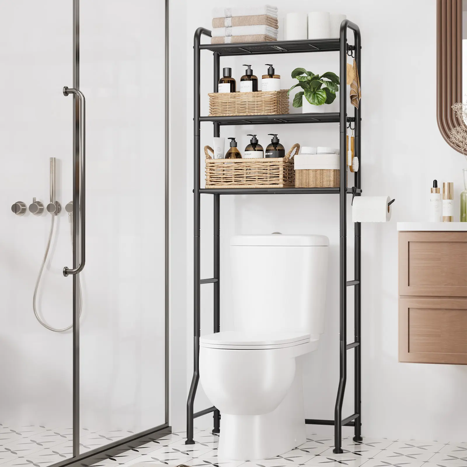 3-Tier Over-the-Toilet Storage Rack, Freestanding Metal Bathroom Organizer Shelf with Toilet Paper Holder and Hooks, Space-Saving Bathroom Storage Rack