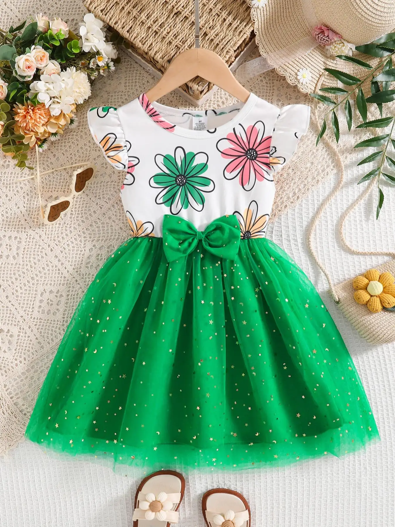Girl's Glitter Sequin Floral Print Bow Decor Dress, Cute Casual Cap Sleeve A Line Dress for Summer, Kids Clothes for Daily Wear