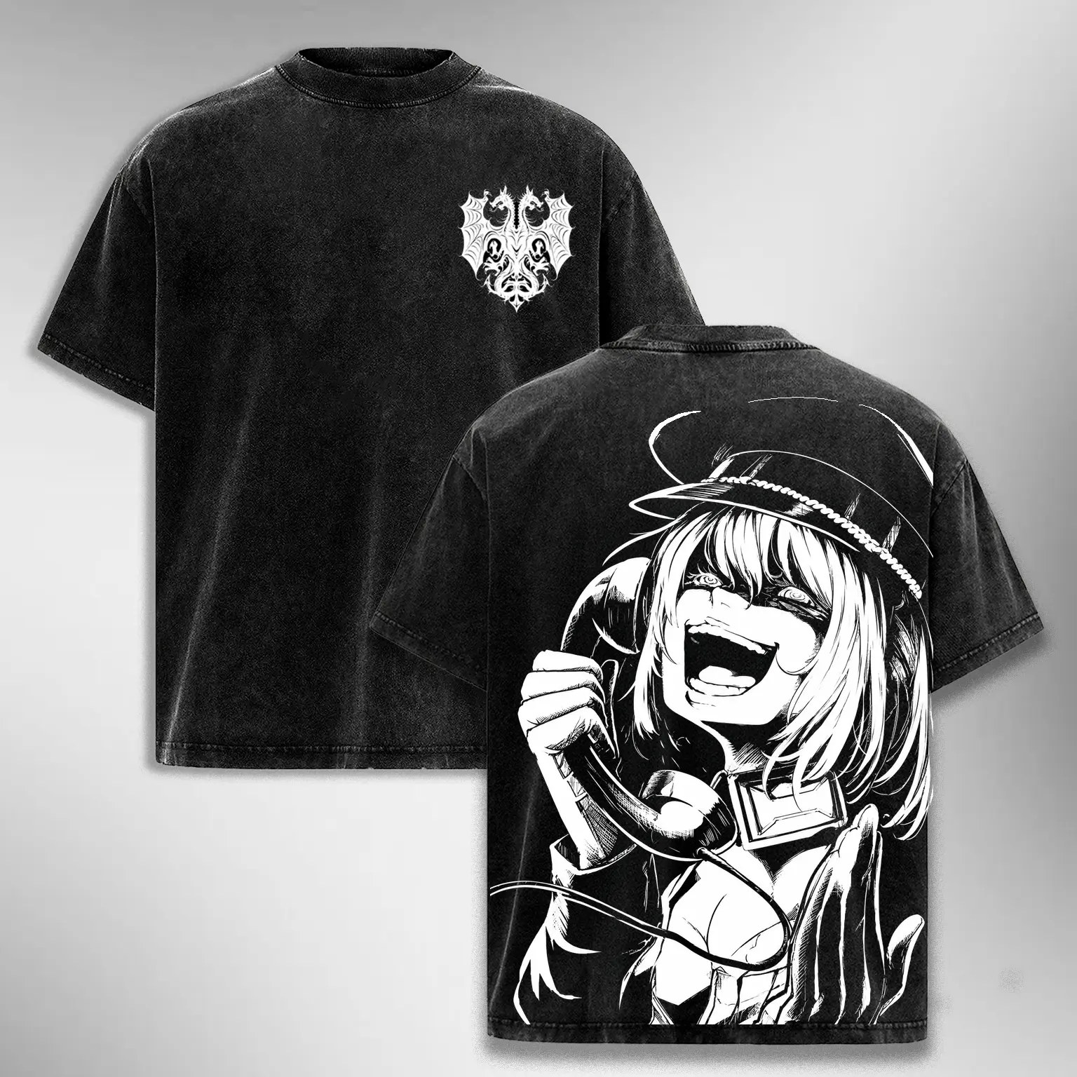 Saga of Tanya the Evil Vintage Washed T-Shirt Youjo Senki Tanya von Degurechaff Graphic Tee Psycho Anime Girl Laughing Shirt Imperial Empire Crest Oversized Unisex Streetwear Heavyweight Cotton Crewneck Premium Wash Tee Black Otaku Fan Gift