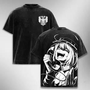 Saga of Tanya the Evil Vintage Washed T-Shirt Youjo Senki Tanya von Degurechaff Graphic Tee Psycho Anime Girl Laughing Shirt Imperial Empire Crest Oversized Unisex Streetwear Heavyweight Cotton Crewneck Premium Wash Tee Black Otaku Fan Gift