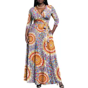 Women's Floral Print Maxi Dresses Summer with Pockets Casual Wrap Tie Waist Long Dress,