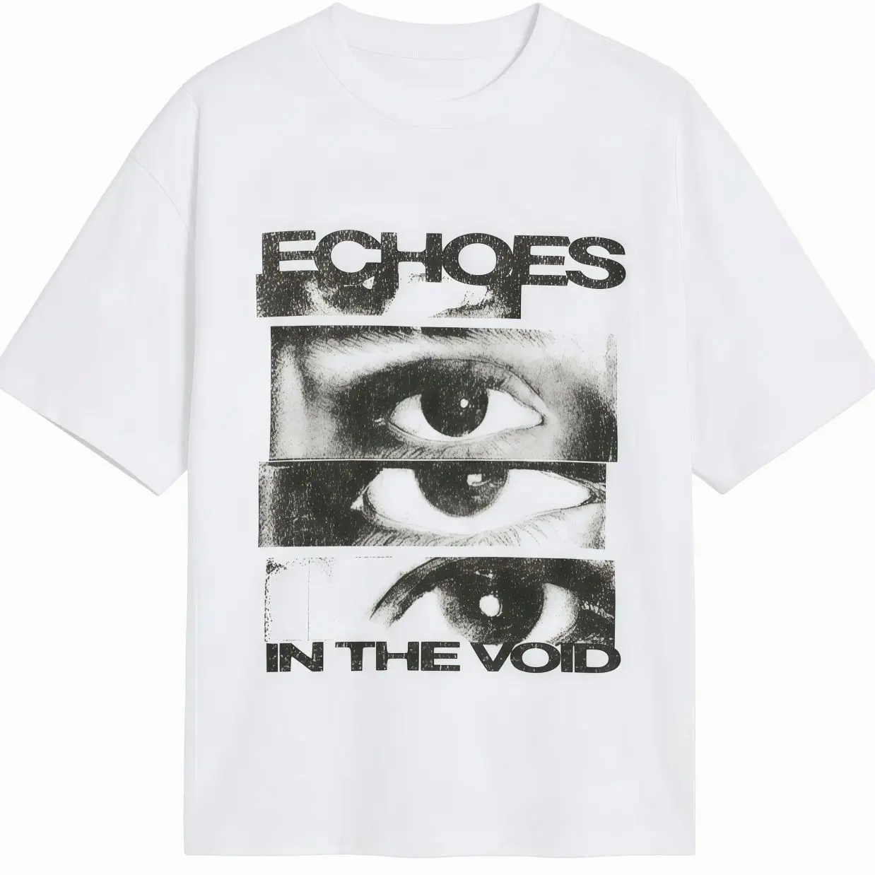 Echoes In The Void Graphic T-Shirt Artistic Eye Print Retro Glitch Art Tee Men's Casual Cotton Menswear Crewneck Stylish Short Sleeves Tshirts Top Womenswear Streetwear Tshirt