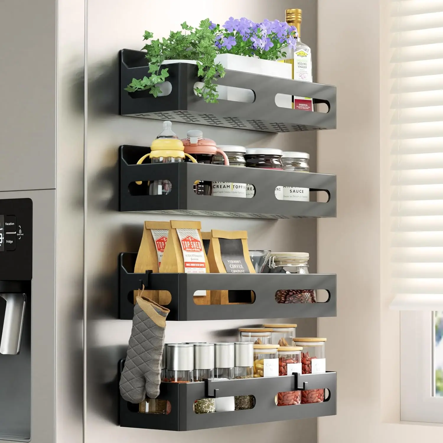 4 Pack    Rack for Refrigerator, Multipurpose  Shelf for Fridge with 4 Hooks for Kitchen and Bathroom Organization, Black