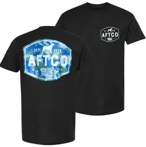 AFTCO Camo Graphic Tee, Vintage Outdoor Fishing Shirt, Soft Cotton Blend Apparel, Adventure Lifestyle Clothing for Men, Perfect Fishing Gift