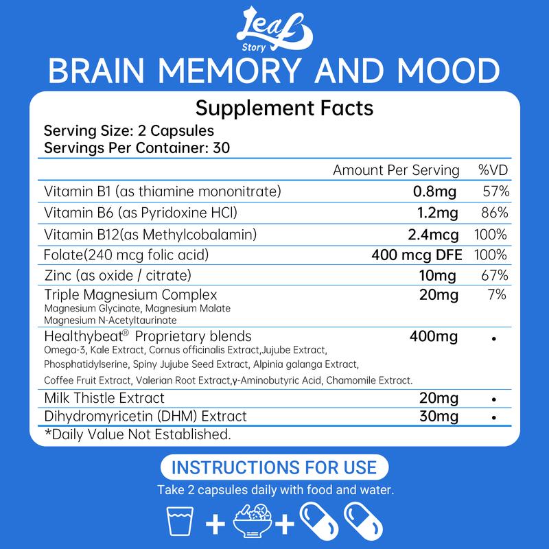 LeafStory Nootropic Brain Supplements for Memory and Focus, Cognitive Function for Mental Health & Clarity with Phosphatidylserine, Vitamin B6 B12, Folate & Dihydromyricetin, 60 Capsules-N1