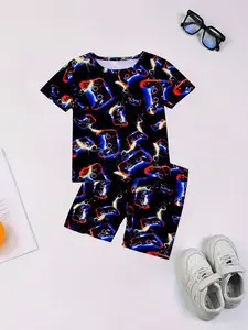 Boys' Round Neck Short Sleeve Pajama Set, Game Joystick Pattern Print, Fashion Casual Home Wear, Comfortable Fitted Sleepwear