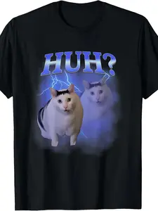 Funny Silly Cat Meme Graphic Tee with Lightning Bolt and Tabby Design for Men, Soft Breathable Crew Neck Shirt for Parties or Daily Wear, Viral Internet Humor Reaction Top for Relatable Guys,Sarcastic,Dye,Skeleton,snoopy,fall,,purple,rain