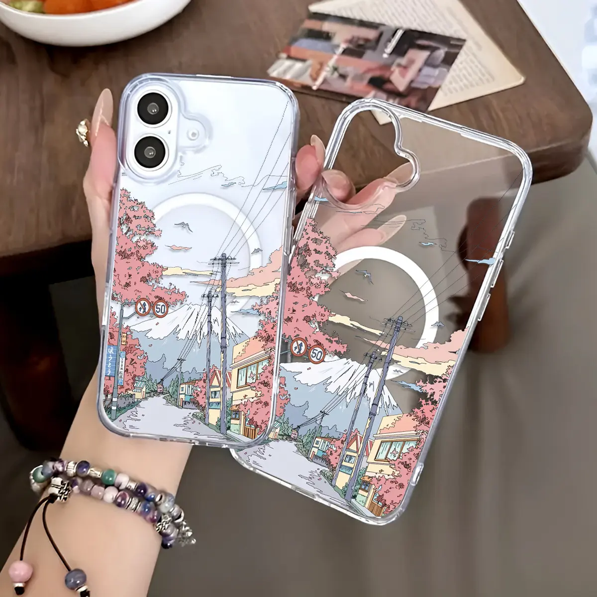[Magnetic Phone Case] Shockproof Magnetic Wireless Charging Mount Fuji Cherry Blossom Fashion Pattern Design Mobile Phone Case for iPhone 17 E Air Pro ProMax iPhone16 15 14 Plus 13 12 11 X XS XR, Acrylic Transparent Mobile Phone Case