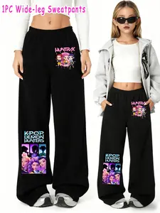 Girls Kpop Demon Hunters Korean Fashion Wide Leg Pants, Cartoon Anime Print Casual Trousers, Spring & Fall Comfortable Fitted Jeans