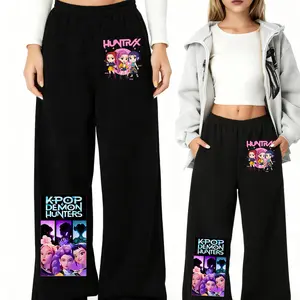 Girls Kpop Demon Hunters Korean Fashion Wide Leg Pants, Cartoon Anime Print Casual Trousers, Spring & Fall Comfortable Fitted Jeans