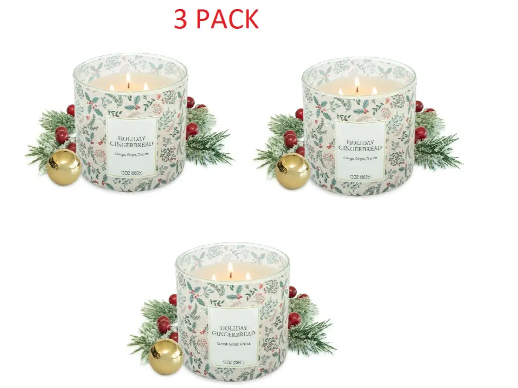 3 Pack Scented 3 Wick Wrap Candle - Holiday Gingerbread, 13 oz - Decor Aroma Cozy