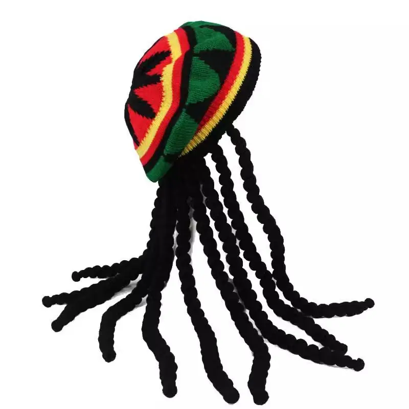 Jamaican Rasta Knit Beret Hat with Dreadlock Wig, Reggae Braided Beanie, Halloween Party Cosplay Colorful Striped Costume Hat