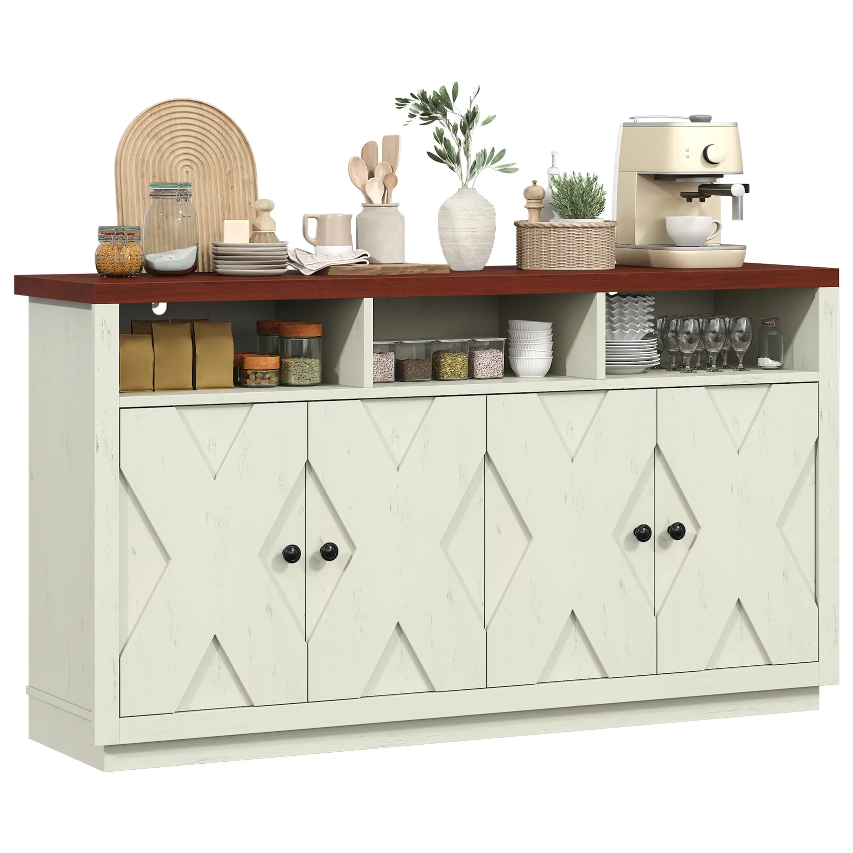 60” Large Sideboard Buffet Cabinet with Storage, Farmhouse Kitchen Buffet Cabinet with Adjustable Shelves and 4 Barn Doors, Wood Coffee Bar Storage Cabinet for Kitchen, Dining Room, Rustic White