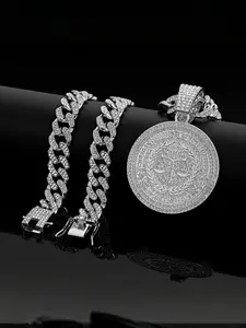 Hiphop Style Libra Round Pendant Necklace, Alloy Chain Full Diamond Cuban Link Design, Street Trend Art Culture Jewelry, Party Daily Wear