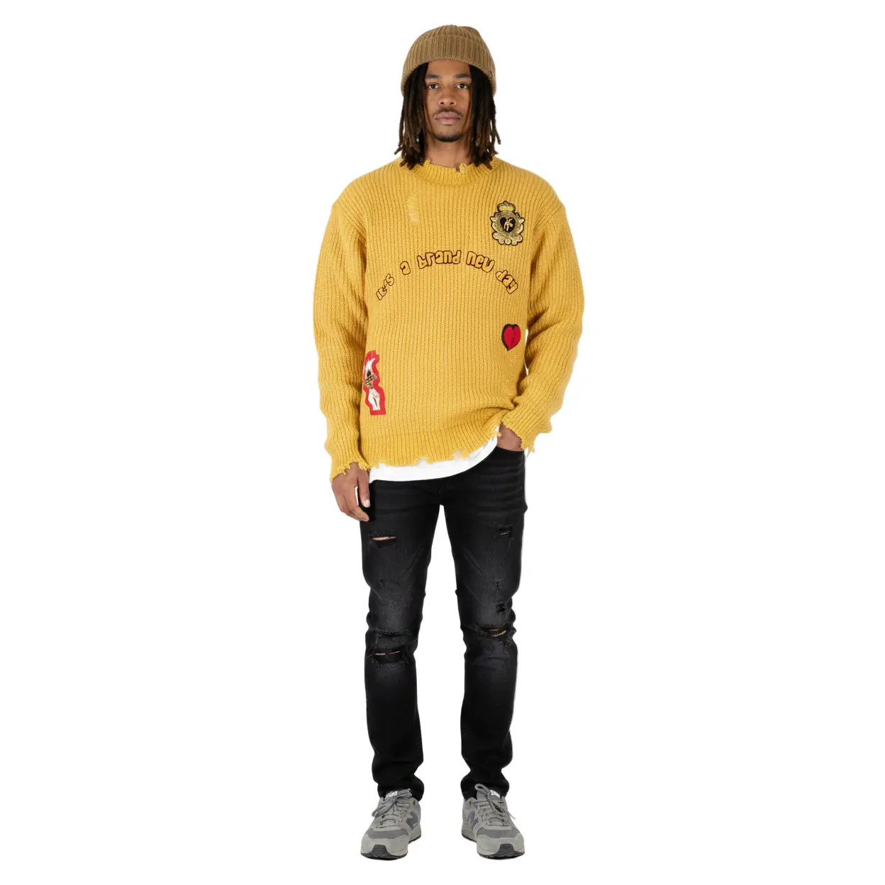 KIWI Heavy Gauge Ripped Knit Sweater with patches