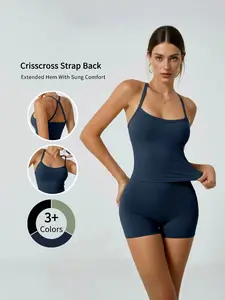 Women's Solid Color Yoga Outfit Set High Waisted Biker Shorts & Cross Back Sports Bra 2 Piece Activewear for Casual Daily Wear & Exercise Fathersdaygift Gym Apparel Athletic Stretchy Material