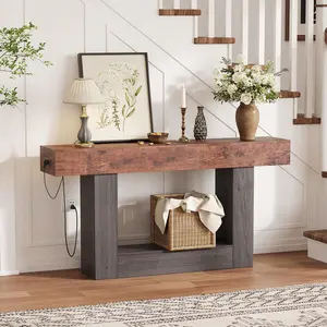 63" Farmhouse Console Table with Charging Station, 2-Tier Narrow Entryway Sofa Table with Shelf for Hallway