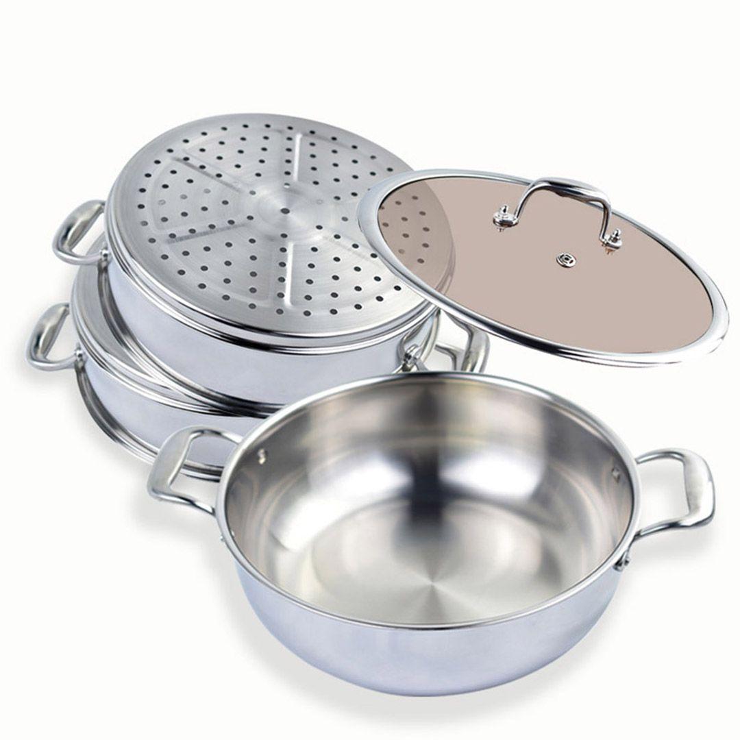 SOGA 3-Tier 30cm Heavy-Duty Stainless Steel Food Steamer – Stackable Vegetable Pot with Glass Lid, Multi-Layer Pan Insert for Healthy Cooking, Steaming Meat, Fish, and Vegetables