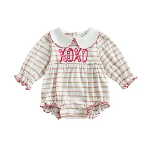 Baby Girls Valentine's Day Bodysuit Doll Collar Stripe Print Bodysuit Newborn Bodysuit Casual Bodysuit