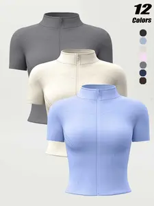Women's Summer Short Sleeve Zipper Stand Collar Sporty T-Shirt, High Stretch Quick-Dry Bare Feel Fitness Jacket, Ideal for Running Yoga, Breathable Workout Shirt, High Stretch Activewear