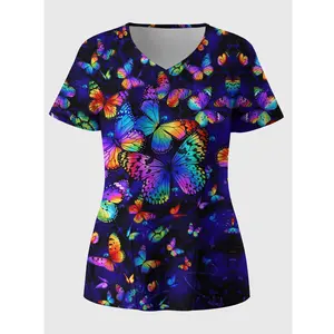 Plus Size Butterfly Print Stretchy Dual Pockets V-neck Top, Comfortable & Functional Health Care Short Sleeve Uniform For Nurse, Women's Plus Size Clothing