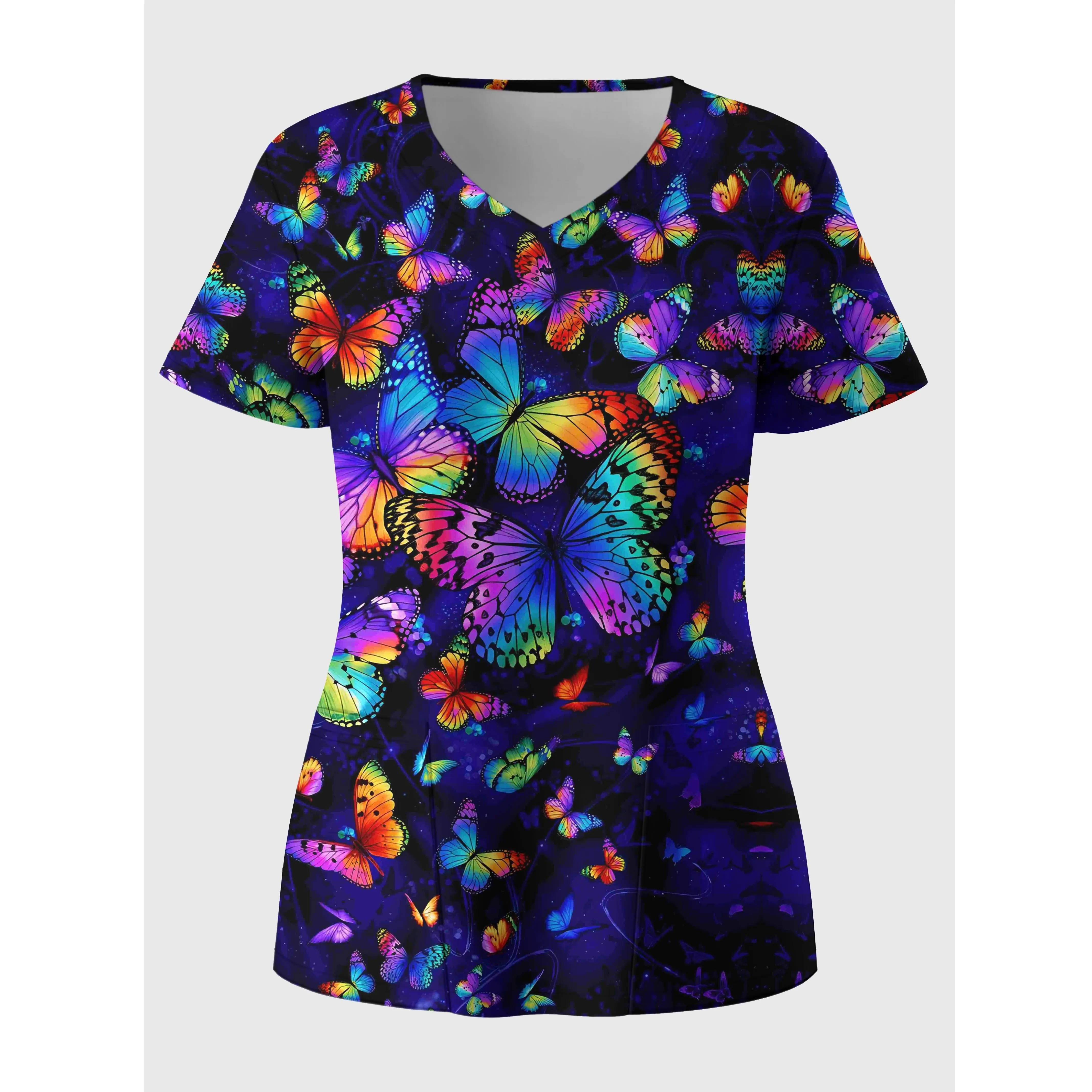 Women's Casual Butterfly Print V-Neck Top, Shortsleeve Polyester Knit Summer Workwear Clothes with 2 Pockets, Mature, Positioned Print