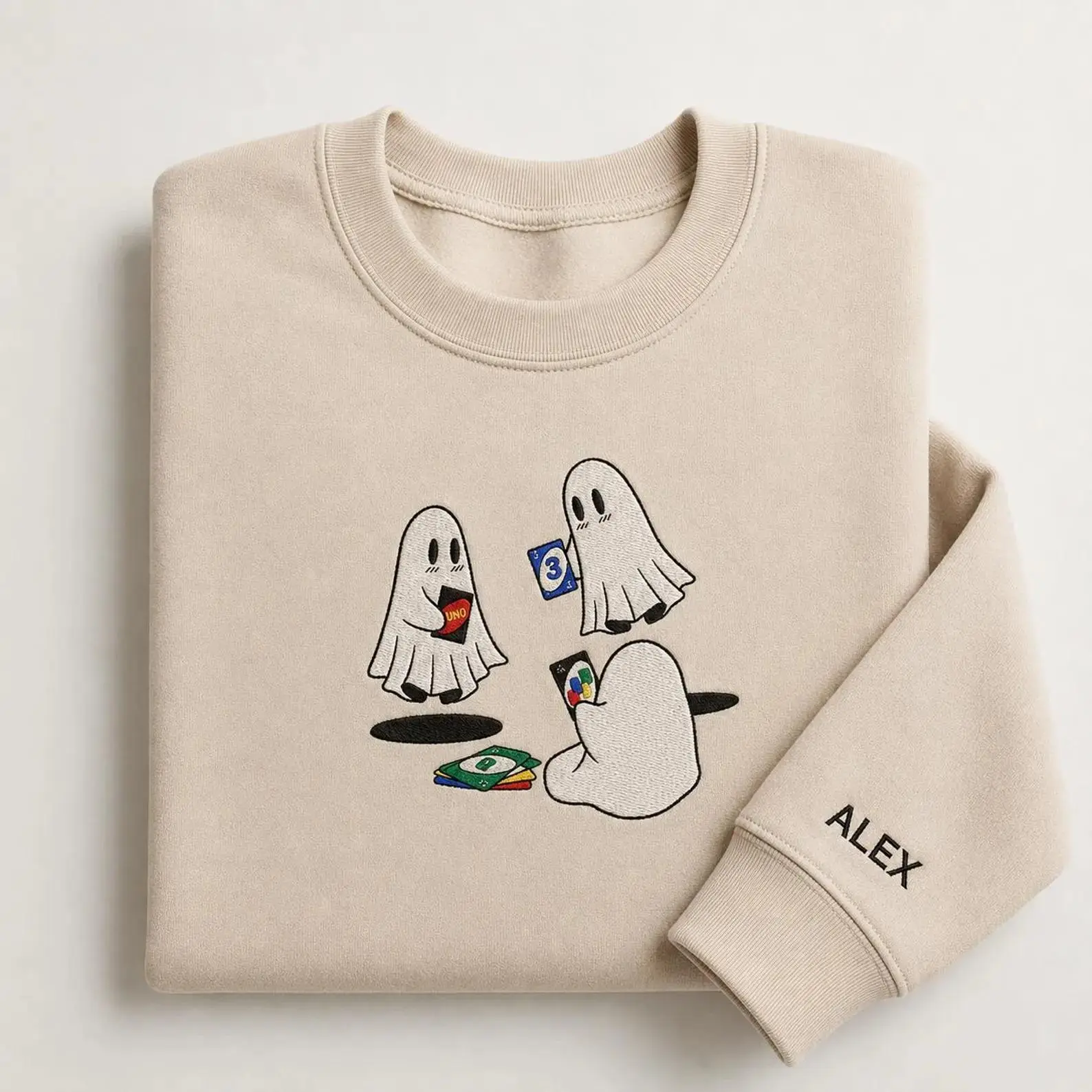 Custom Embroidered Cute Ghost Game Night Sweatshirt, Personalized Halloween Crewneck, Spooky Season Embroidered Pullover, Fall Gift