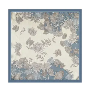 TangSong All Mulberry Silk  Scarf - Chic Blue & Beige Floral Square Bandana, Versatile Neck Wrap & Bag Accessory silky