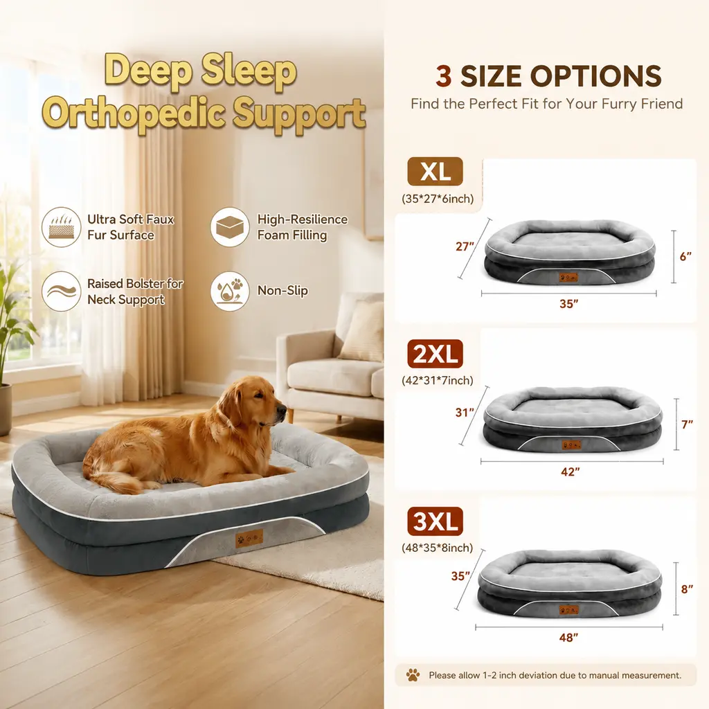 Orthopedic Large Dog Bed, Washable Orthopedic Large Dog Bed - Dog Beds Large Sized Dogs with Removable Cover Waterproof Pet Bed with Bolster for Extra Large Pe