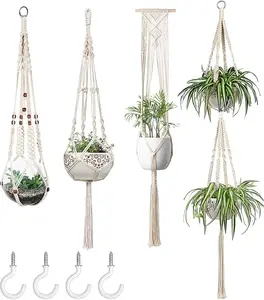 Macrame Plant Hangers Set of 4 Indoor Hanging Planter Basket Wall Decorative Flower Pot Holder with 4 Hooks for Indoor Outdoor Home Decor Gift Box