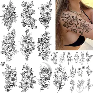 23 Sheets Flower Temporary Tattoos For Women - Waterproof Realistic Rose Orchid Tattoos Tiny Branch Sketch Fake Tattoos for Women Body Art Arm Neck Hands