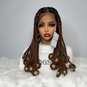 WIGSBYITO Loose Koroba Braided Wig in Black Brown & Gold Ombré Synthetic Hair Extension 360 Full Lace Cap Super Lightweight Stylish Look
