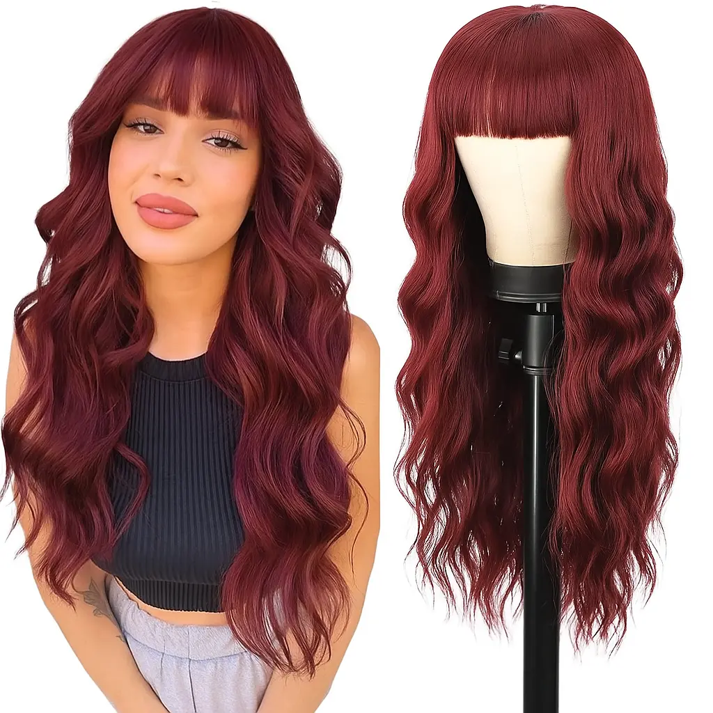 AISI HAIR 26-Inch Soft Wine Red Wavy Synthetic Machine Wig with Natural Bangs, Heat-Resistant Fiber Wig for Beginners & Daily Party Use, Synthetic Machine Wigs Red Bob Wig