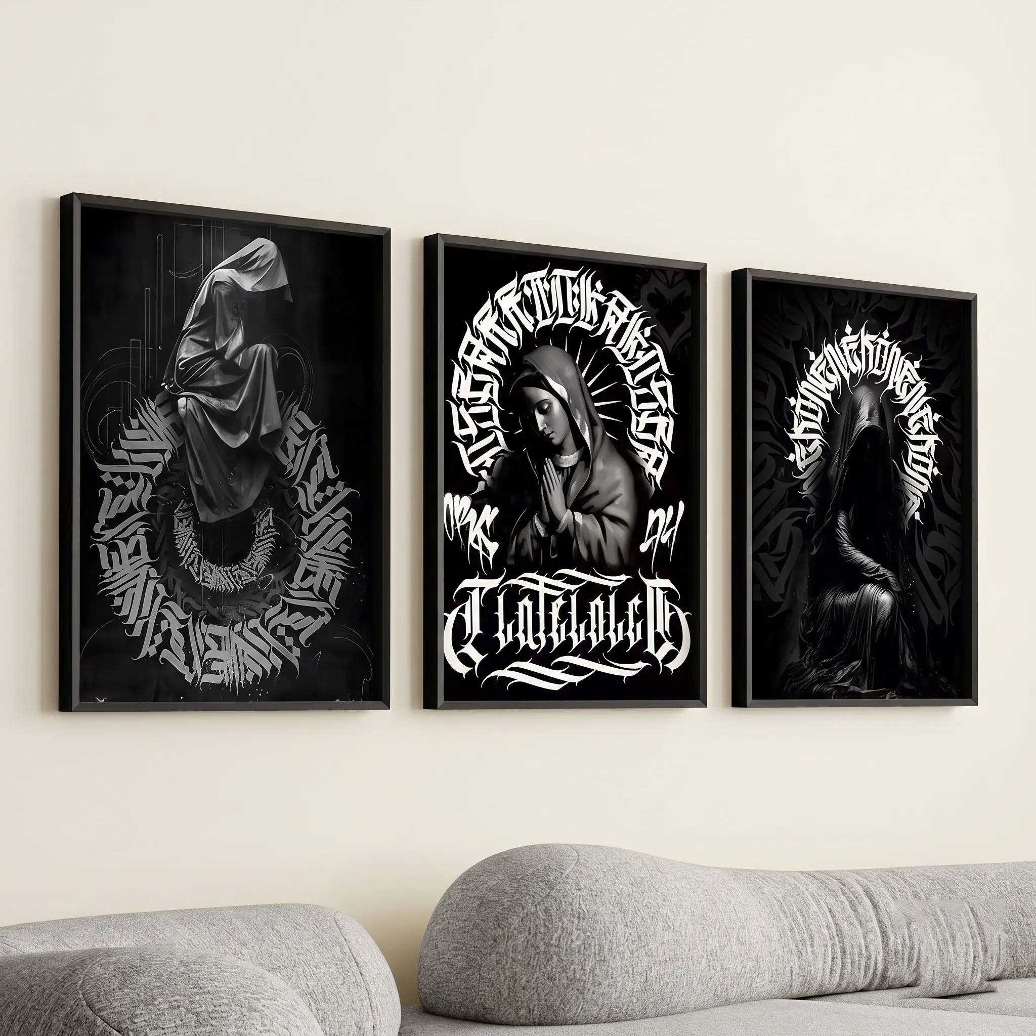 Set Of 3 Black And White Graffiti Knight Tattoos Wall Posters, Chicano Culture Rebellious Girl Room Decor Art Prints