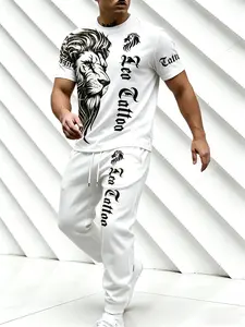Men's 3D Lion Print 2-Piece Set | Crew Neck Tee & Long Pants, Casual Sporty Style
