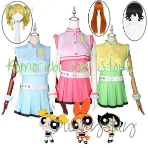 Anime Powerpuff Girls Cosplay Costume Wig full Set Blossom Buttercup Bubbles Costume Dress With Belt Set Halloween Fancy Dress