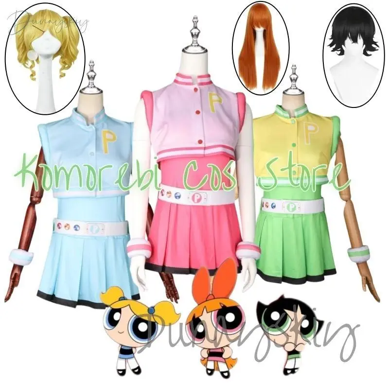 Anime Powerpuff Girls Cosplay Costume Wig full Set Blossom Buttercup Bubbles Costume Dress With Belt Set Halloween Fancy Dress