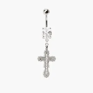 en route Everette Cross Belly Ring in Silver, Minimalist Pearl Cross Design with Celestial Detail, Perfect for Daily Wear & Chic Party Outfits