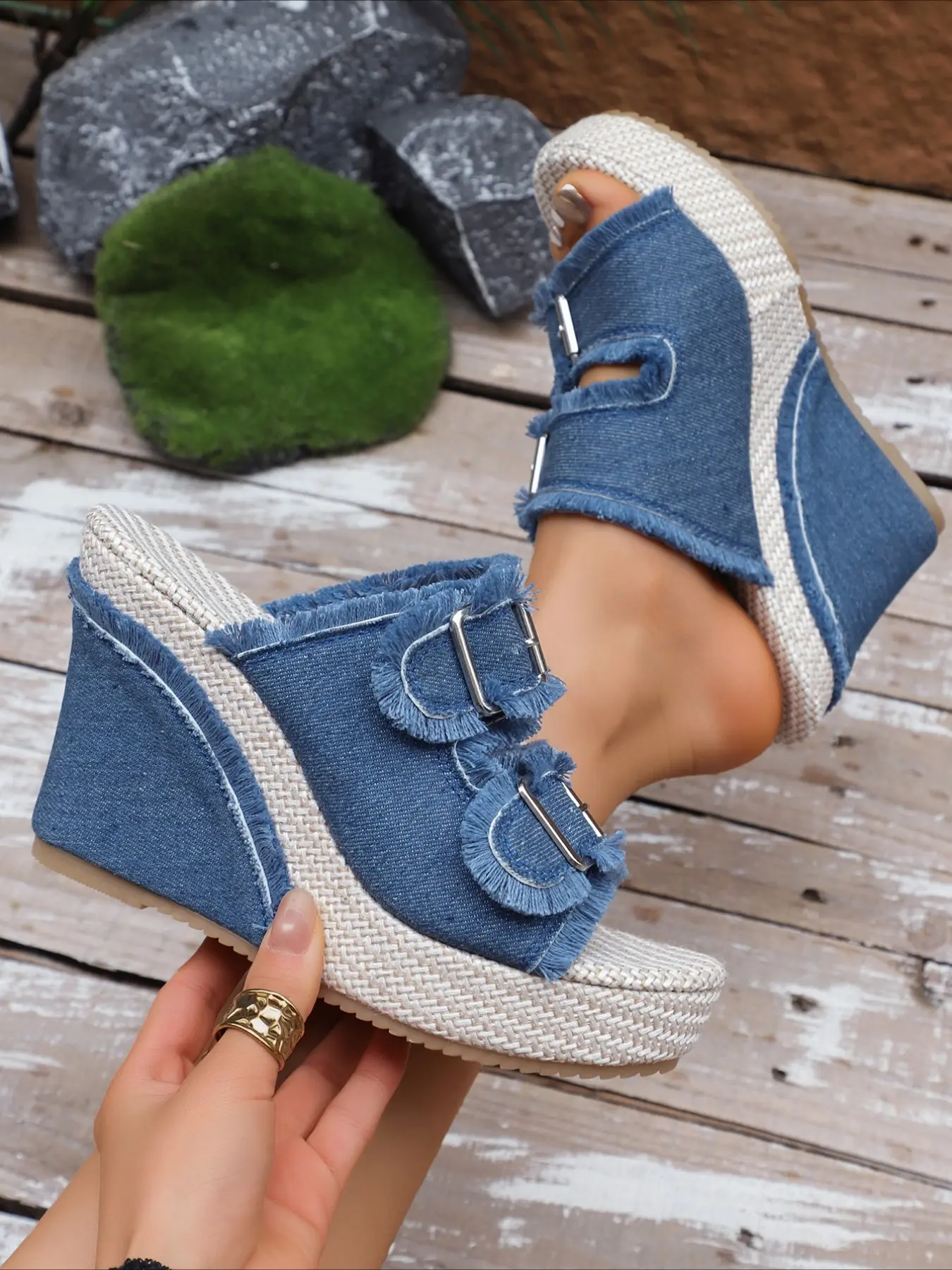 Women's Denim Wedge Sandals, Open Toe Double Buckle Platform Wedge Slides, Boho Style Sandal, Espadrille Heel Summer Shoes, Casual Fashion Sandals, Summer Wedges
