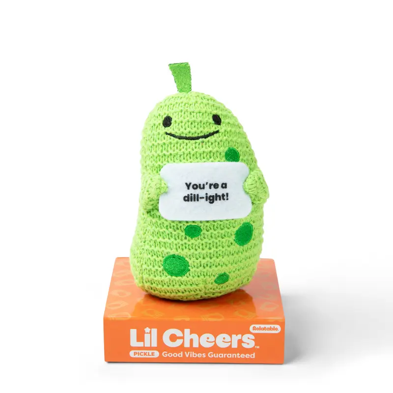 Lil Cheers Pickle Crochet Plush with Positive Sign - Funny Valentine Gift for Friends, Cute Desk & Office Decor, Sour Sweet & Supportive