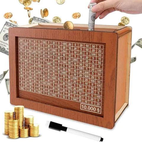 Wooden Cash Vault Piggy Bank - Coin Bank Money Jar with 10,000/2,000 Saving Challenge, Count & Calculate Numbers, Dry Erase Pen, Home Decor Gift for Adults, Back to School Supply