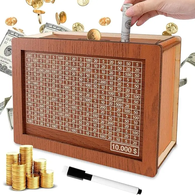 Wooden Cash Vault Piggy Bank - Coin Bank Money Jar with 10,000/2,000 Saving Challenge, Count & Calculate Numbers, Dry Erase Pen, Home Decor Gift for Adults, Back to School Supply